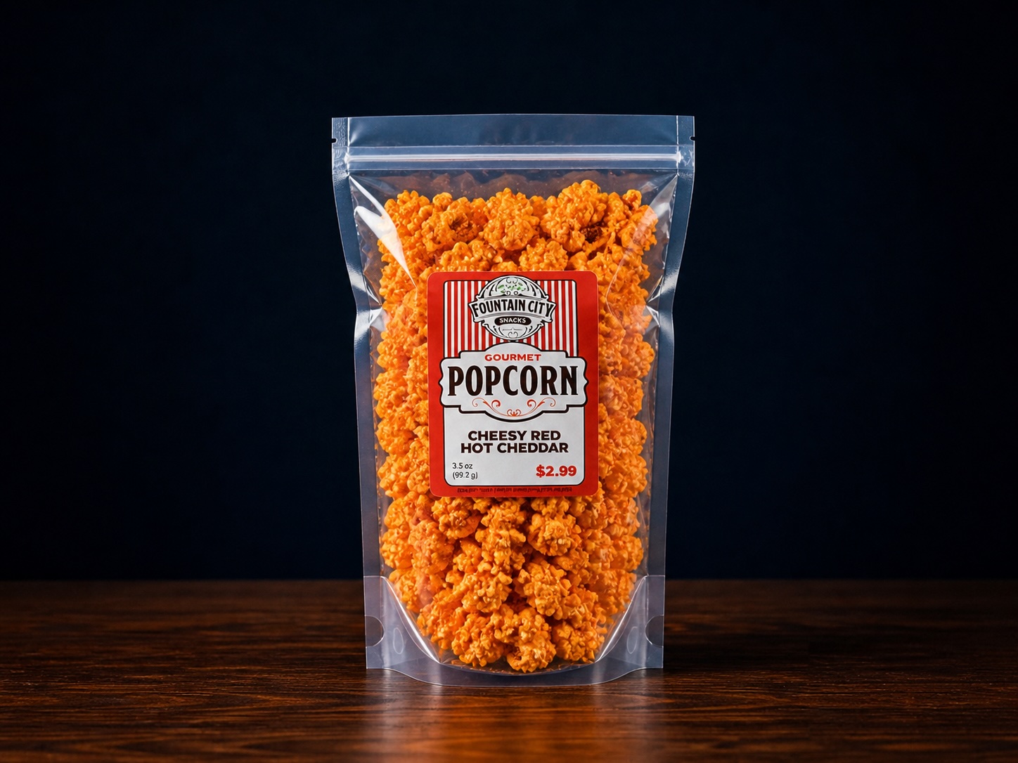 Fountain City Snacks Cheesy Red Hot Cheddar popcorn bag