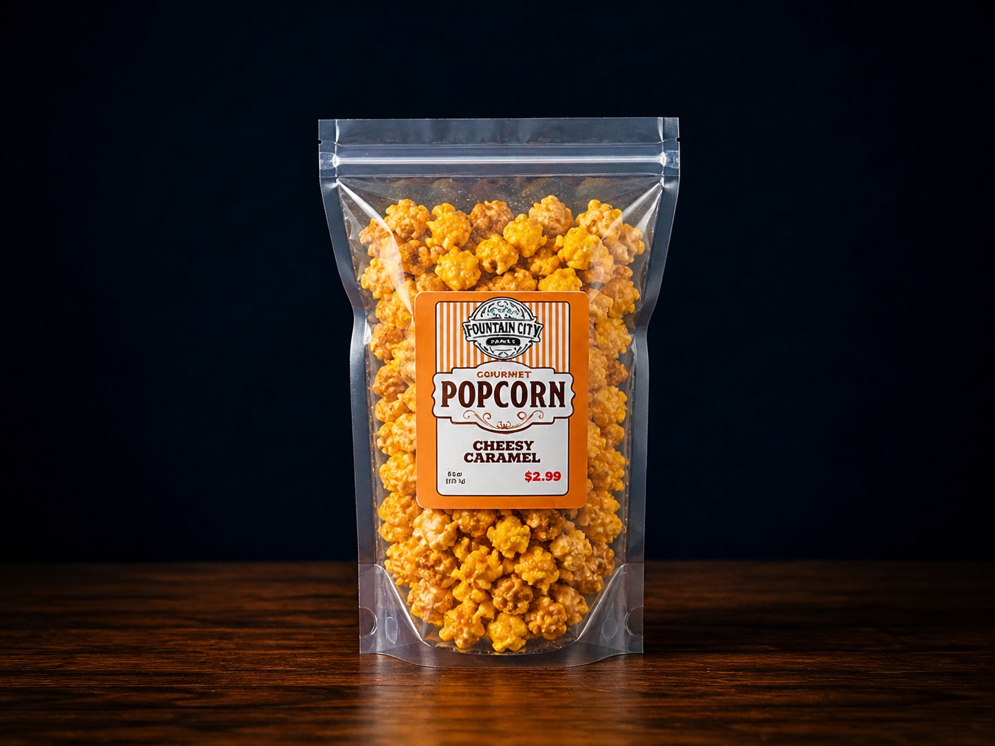 Fountain City Snacks Cheesy Caramel popcorn bag