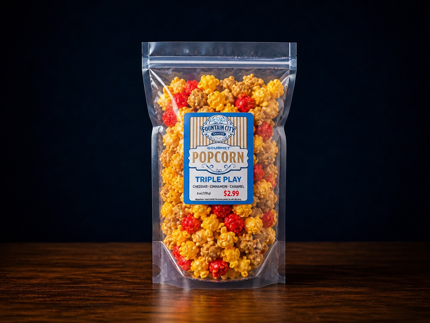 Fountain City Snacks Triple Play popcorn bag