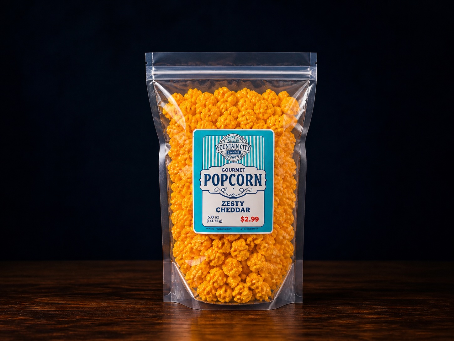 Fountain City Snacks Zesty Cheddar popcorn bag